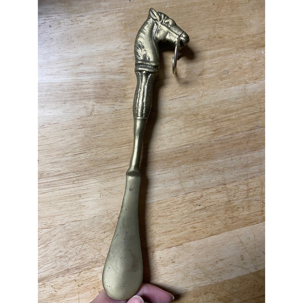 Vintage Horse Head Shoe Horn Bronze Metal Equestrian Decor Hanging Ring Patina